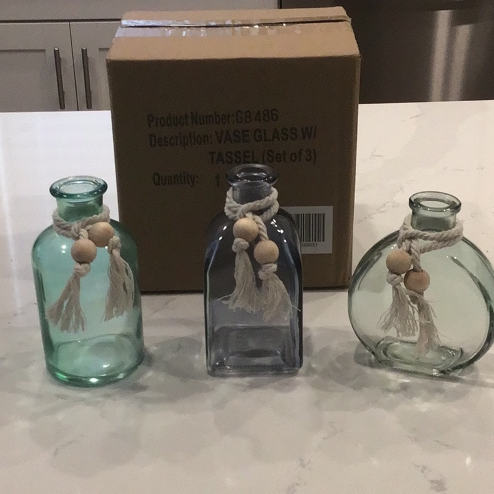 Sea-Blue Glass Bud Vase Trio, 5”H & 4.5”H Coastal Decor